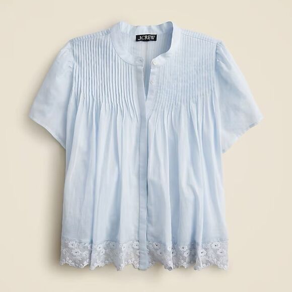 NWT J CREW Lace-trim pintuck top in cotton voile in Glacier blue - Picture 5 of 8